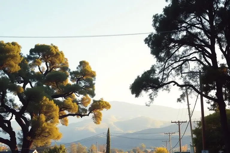 Quiet Lafayette street of ranch homes under large oak trees with overhead power lines and hills beyond