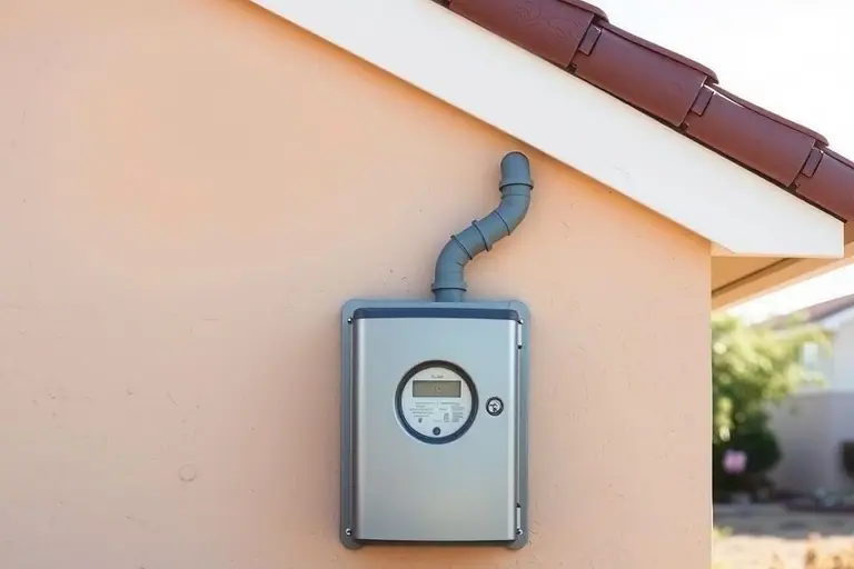 Electric meter and main breaker enclosure on a stucco exterior wall with conduit to the roofline