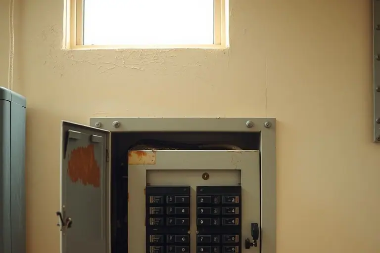 Older recessed breaker panel with its door open in a garage wall