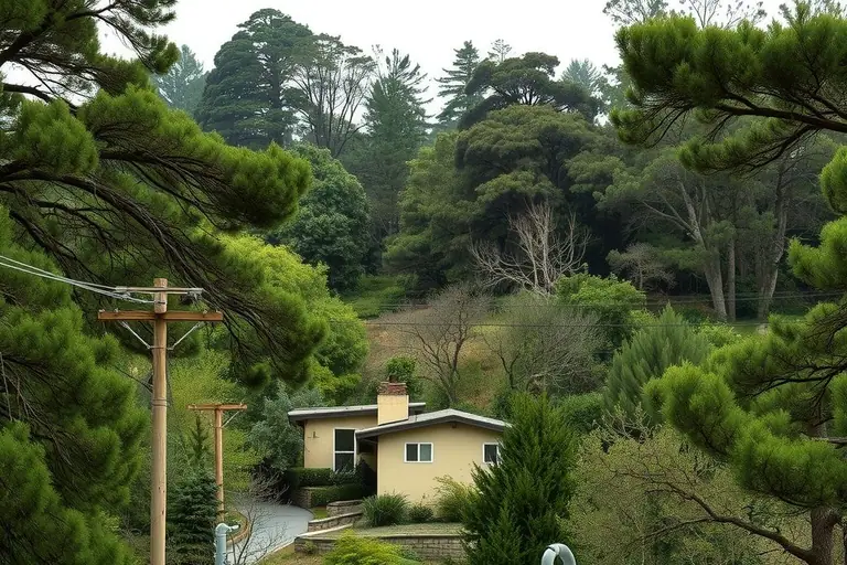 Wooded hillside neighborhood in Orinda with a mid-century home among tall oaks and pines and a winding road