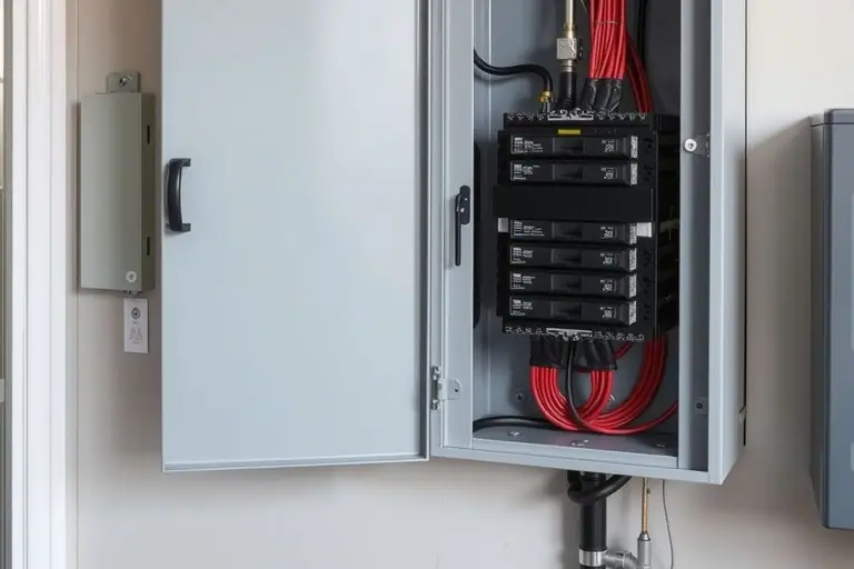 New grey electrical load center with its door open showing rows of breakers and neatly bundled wiring