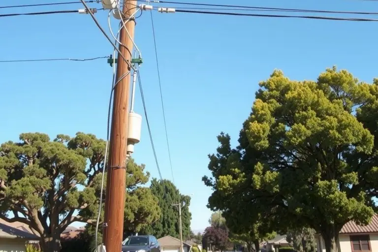 Overhead service wires running from a wooden utility pole toward a home against a clear blue sky