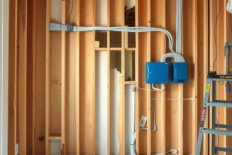 Open interior wall with exposed wood studs, new white electrical cable runs and blue electrical boxes